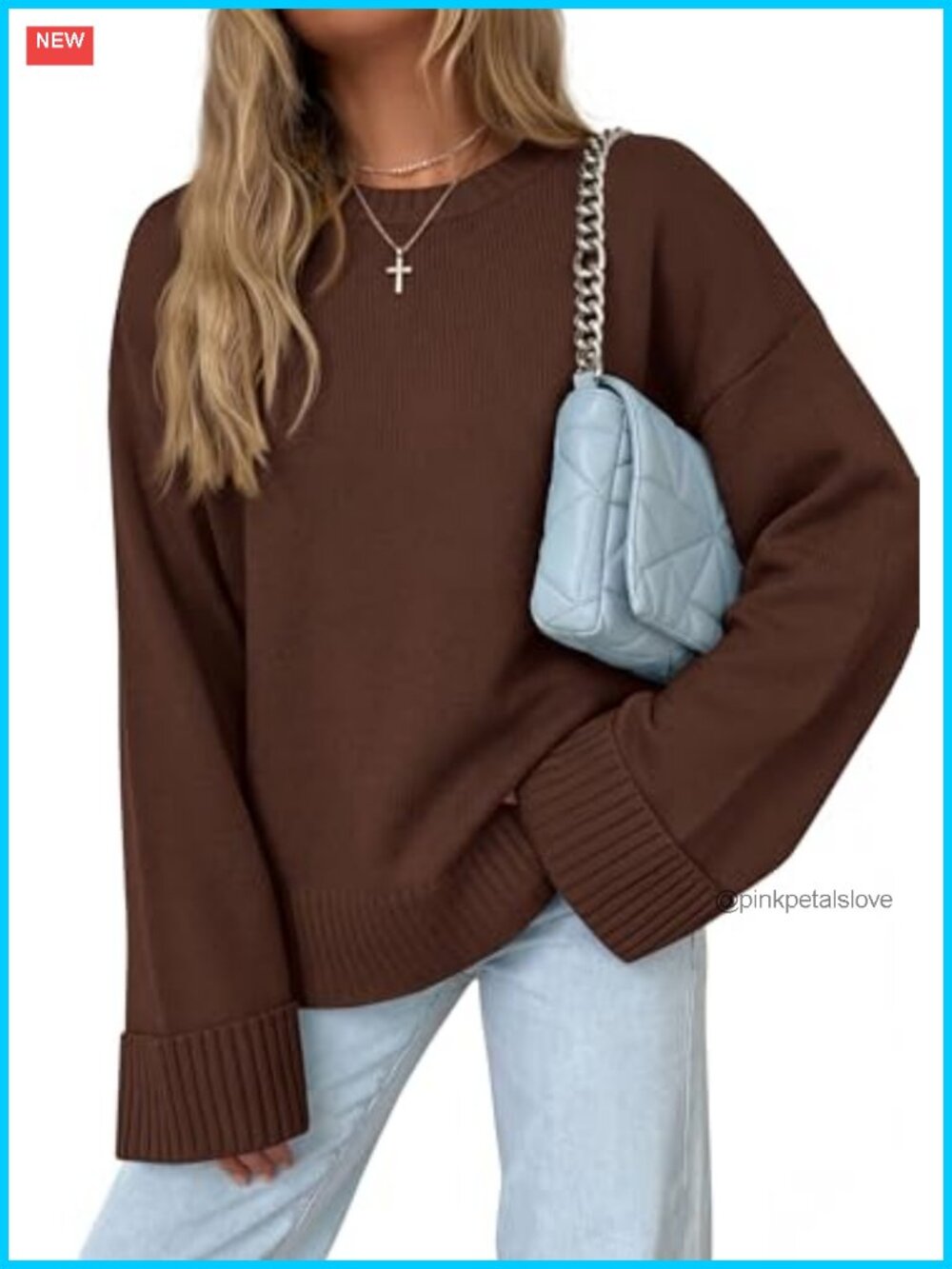 Oversized Ribbed Trim Crewneck Pullover Sweater Long Sleeve Tops